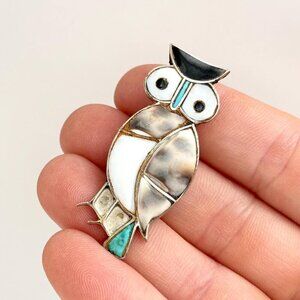 Multistone Vintage Southwest Native American Owl Figural Sterling Silver Brooch